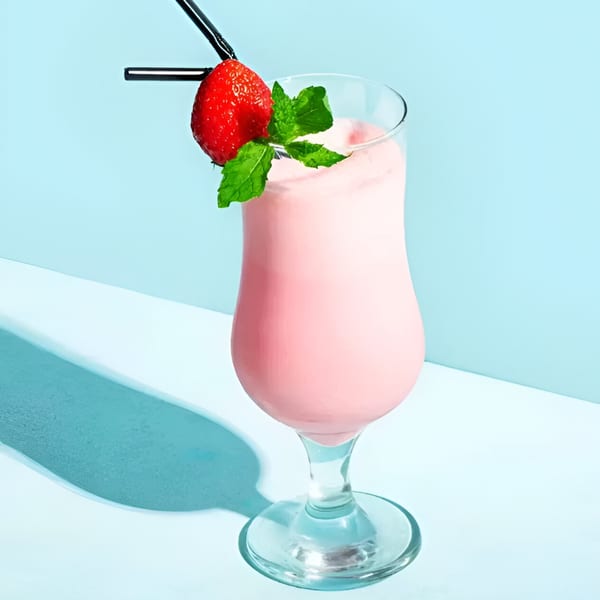 Pink Bluzone Cafe smoothie in a tall glass, garnished with a strawberry and mint, against a blue background.